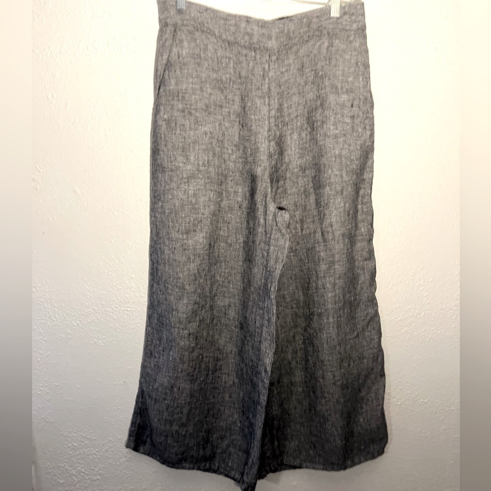 Catherine Malandrino Lagenlook Gray 100% Linen Wide Legs Elastic Waist Pants M